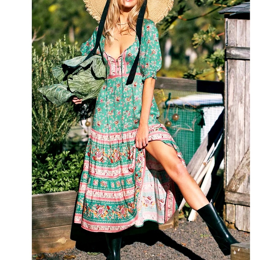 Boho Pink Floral Print Off Shoulder Midi Dress - Picture 11 of 14